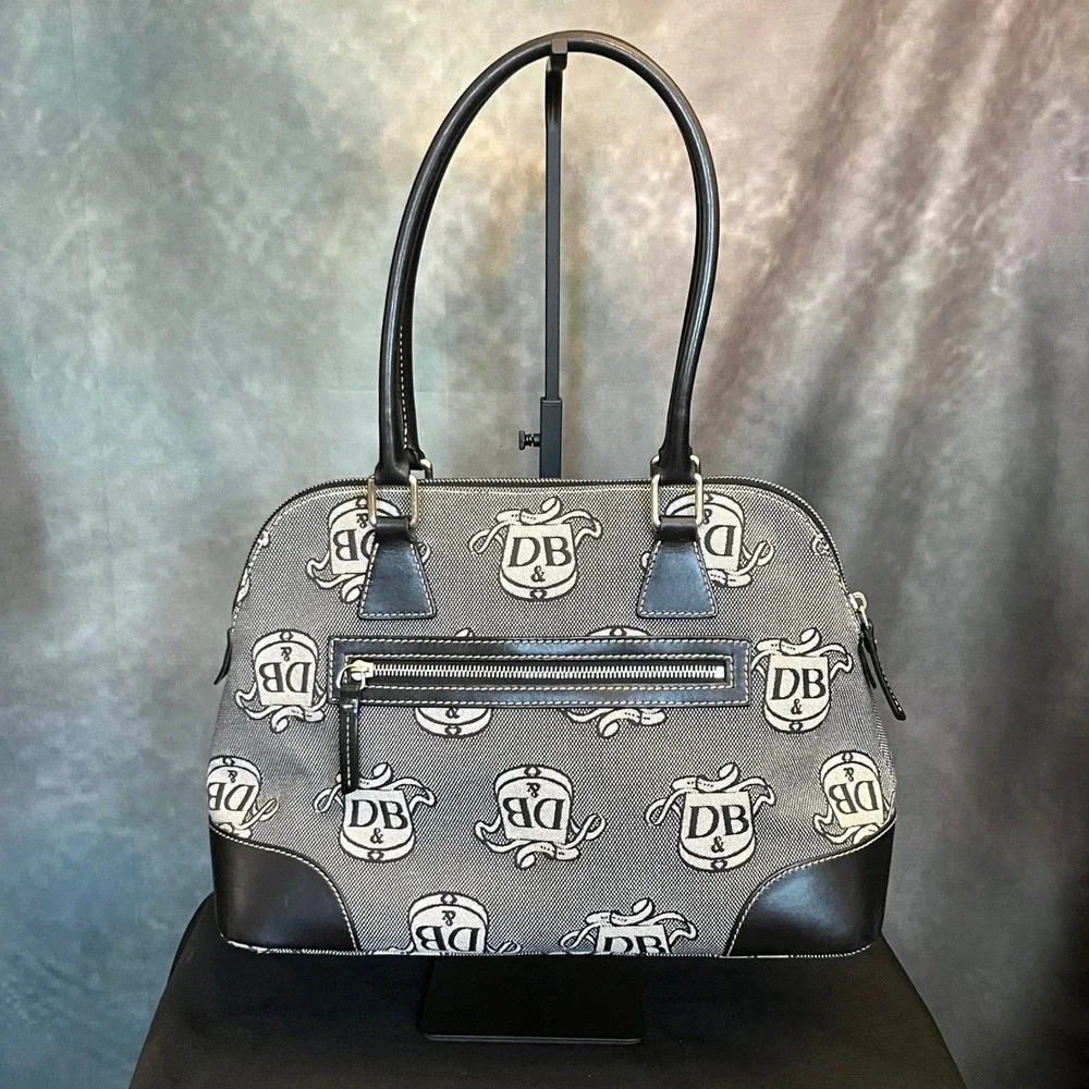 Dooney & Bourke Donegal Crest Dome Satchel Monogram Grey Black Leather Trim‎